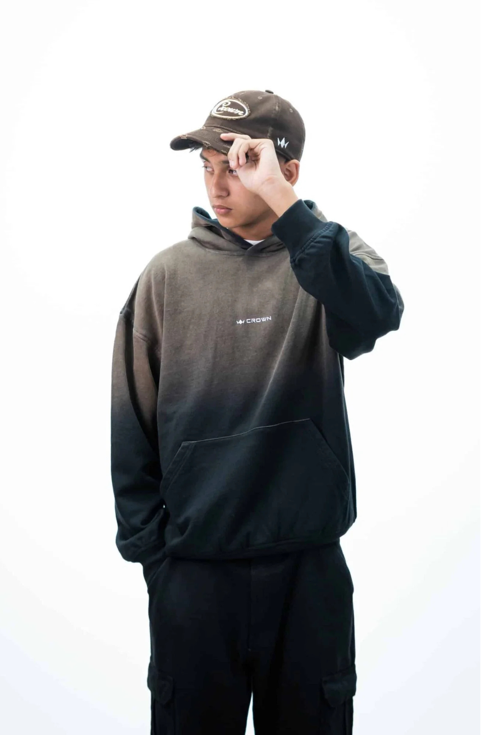 Crown (1) DROP SHOULDER SPRAY BROWN WASH HOODIE - Image 1