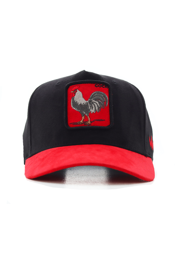 front copy HIGH CROWN 3D COCK PATCH CAP – BLACK & RED - Image 1