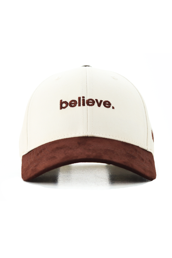 front copy BELIEVE STATEMENT CAP – OFF WHITE & BROWN ( SUEDE FABRIC) - Image 1