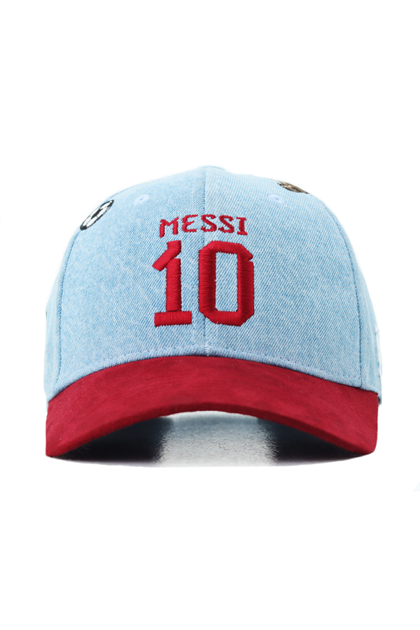 WORLD CUP MESSI EDITION CAP front view MESSI ICON EDITION CAP - LIGHT DENIM & MAROON - Image 1